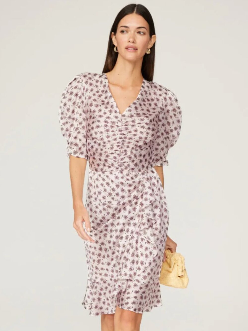 Maje Ralitina Floral Ruched Midi Dress US 38 (US 4-6) Pink Puff Sleeve EUC $415